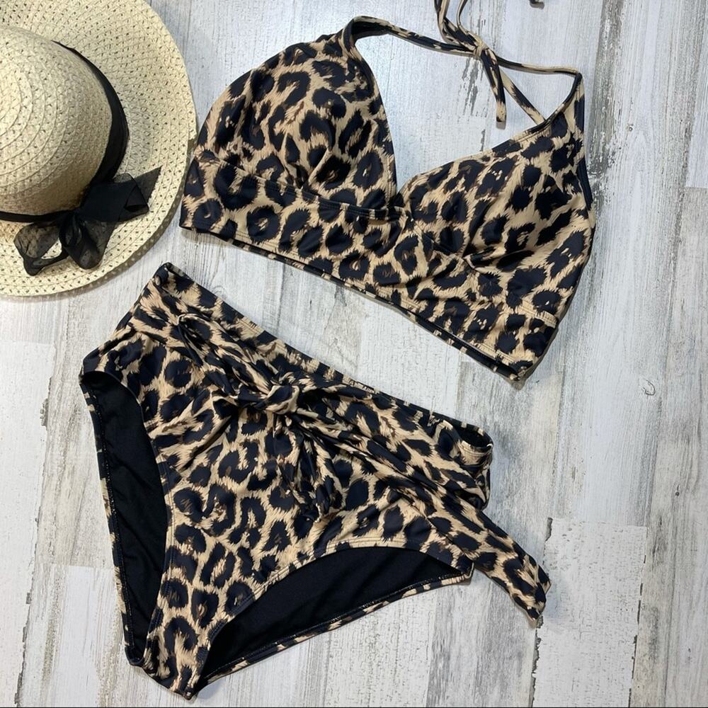 Tie Halter Leopard Print 2X-Large Bikini High Waisted